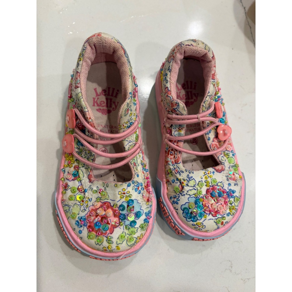 Lelli Kelly Mary Jane Pink Floral Sequin Beaded Heart Elastic Shoes Size 20